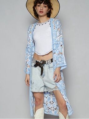 POL Light Blue Crochet Long Cardigan